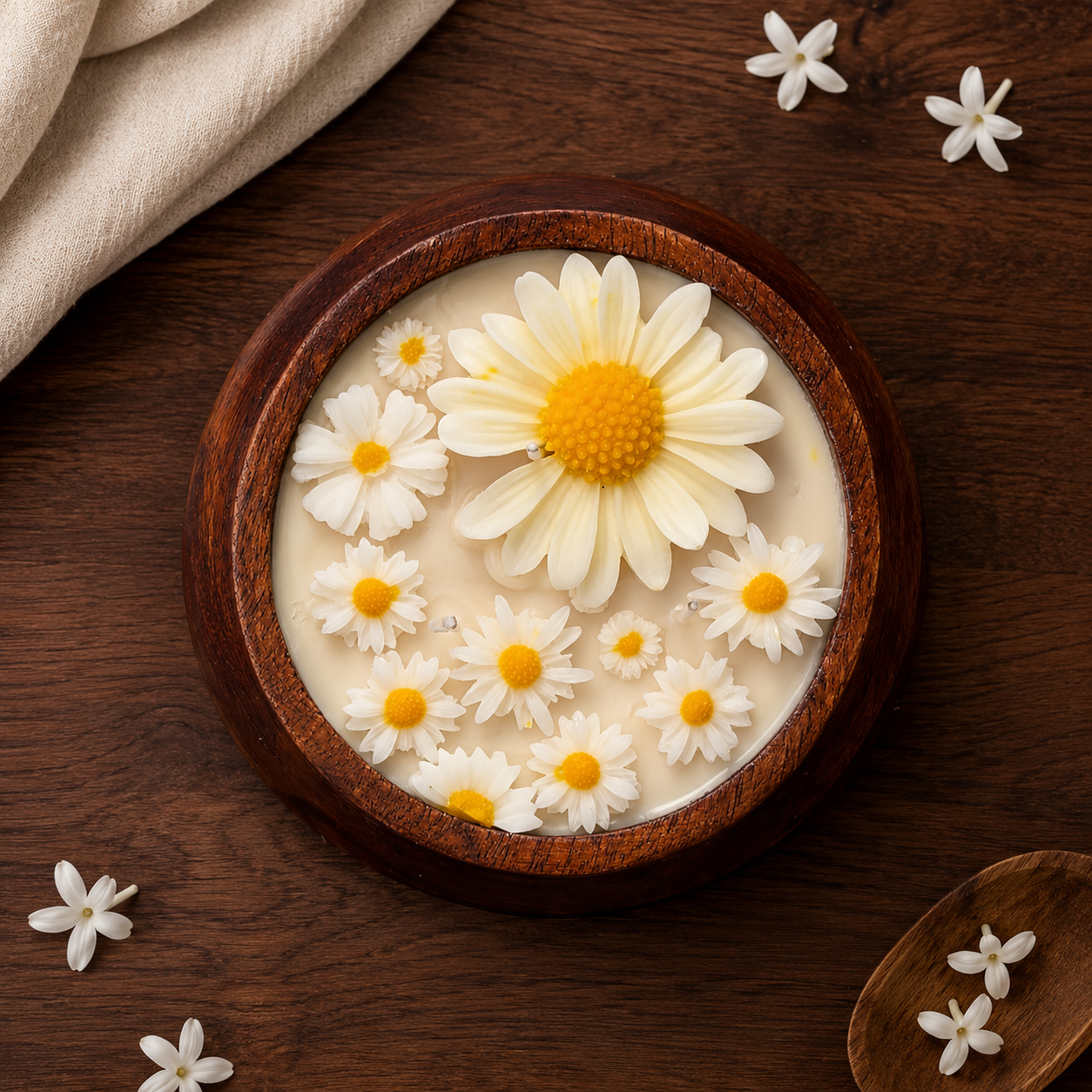 Wooden bowl with white flowers and yellow centers on a wooden surface